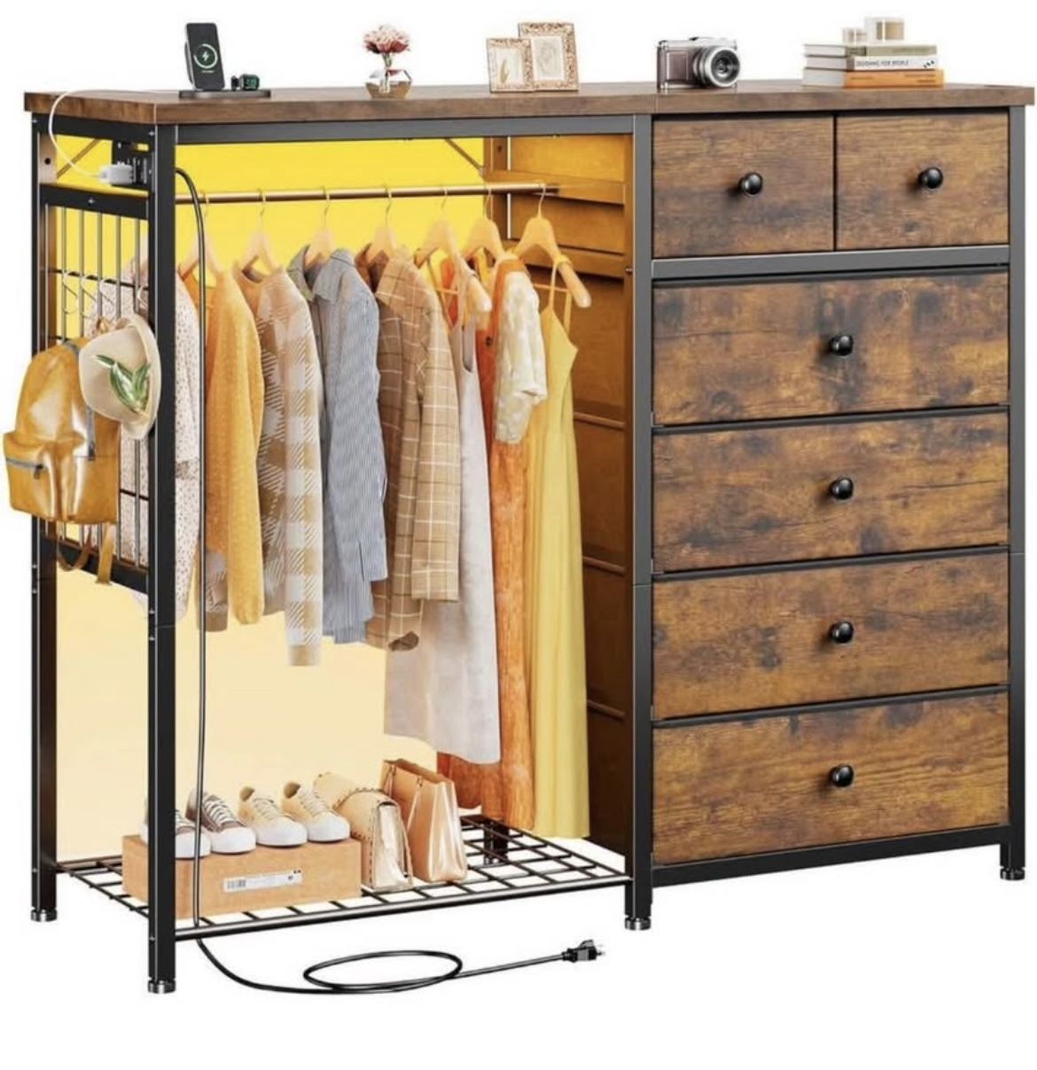 Dresser with Hanging Rack & 6 Fabric Drawers