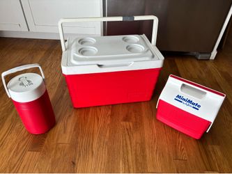 lot of 3 red and white coolers* and beverage containers