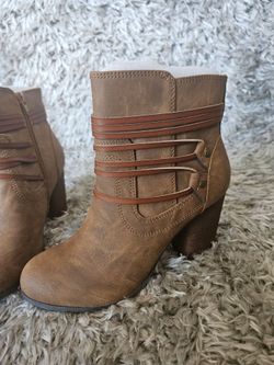 Madden Girl 7.5 Brown Heeled Ankle Boots with Strap Detail