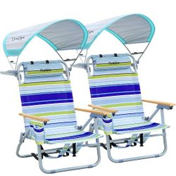 Thallike 2 Pack Backpack Beach Chairs with Canopy Headrest Cooler Bag Cup Holder Chair for Adults