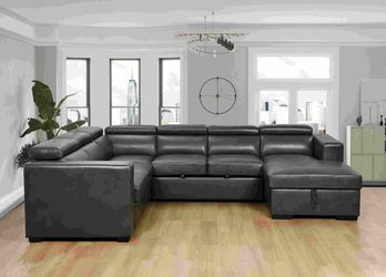 123 Modern U Shaped 7-seat Sectional Sofa Couch with Adjustable Headrest, Sofa Bed with Storage Chaise-Pull Out Couch Bed for Living Room ,Gray