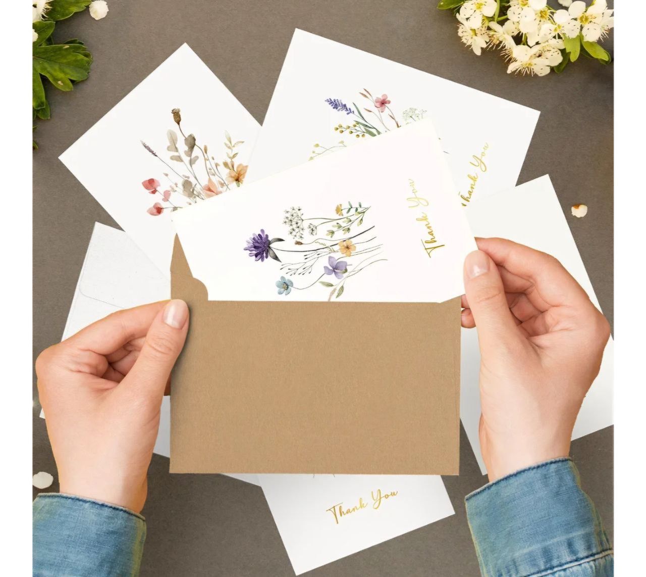 20 Pack Floral Thank You Cards with Self-adhesive Envelopes, 4"x6" Gold Foil Wildflower Blank Thank You Cards for Wedding, Bridal Showers, Baby Shower
