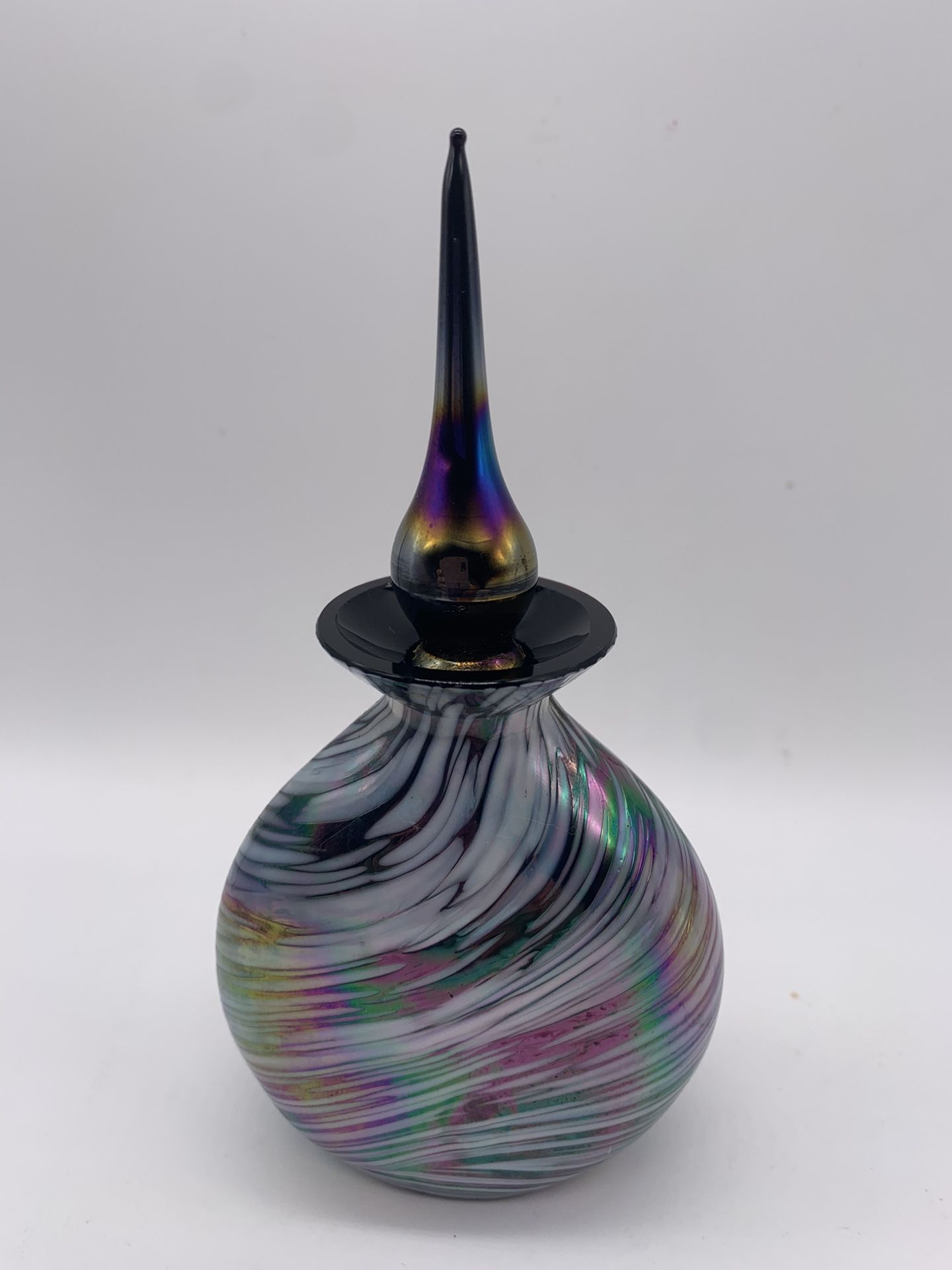 Vintage SILVESTRI Handcrafted Iridescent Glass Bottle with Stopper