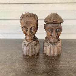 Hand Carved Wood Busts, J Alberdi, Mid-Century Carving, Old Man and Woman, Booke