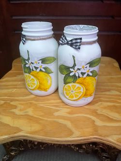 Hand-Painted Lemon Mason Jar Set of 2