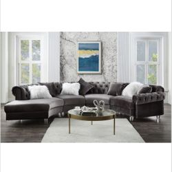 Stunning Grey Velvet Round Sectional Deep Button Tufted With Acrylic Legs Nailhead Trim 7 Decorative Pillows Included Brand New Firm Price $1,999