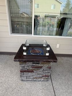 Square Faux Stone Gas Fire Pit Table with Glass Wind Guard