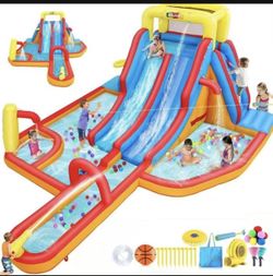 Inflatable Water Slide with 620W Blower, Bounce House for Big Kids with Slide, Pool, Shower Area, Climbing Wall, Water Cannon, Basketball Frames, Infl