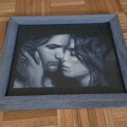Framed Lovers Cross Stitch Needle Point Art 