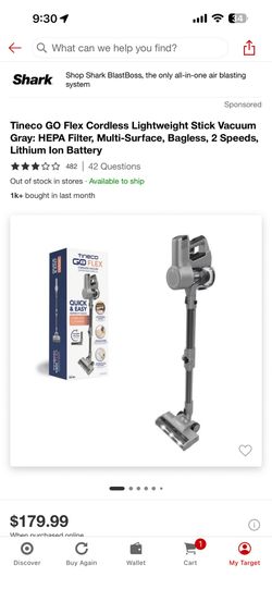 Tineco GO Flex Cordless Lightweight Stick Vacuum Gray: HEPA Filter, Multi-Surface, Bagless, 2 Speeds, Lithium Ion Battery