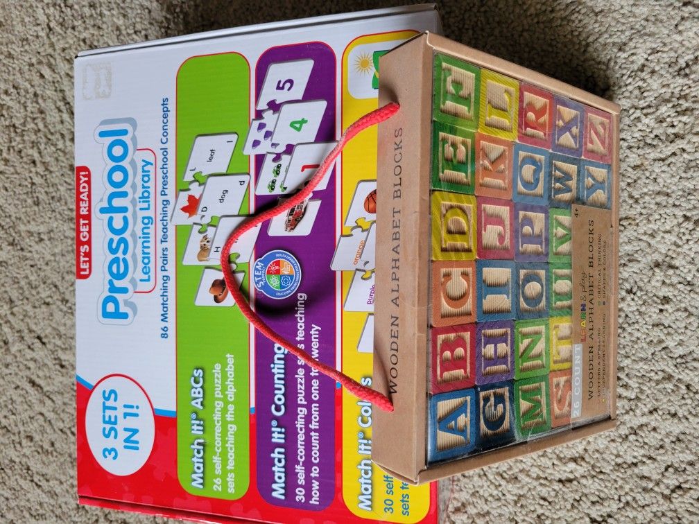 3 Preschool Boxed Puzzles ABCs, Counting, Colors Plus New Wooden ABC blocks