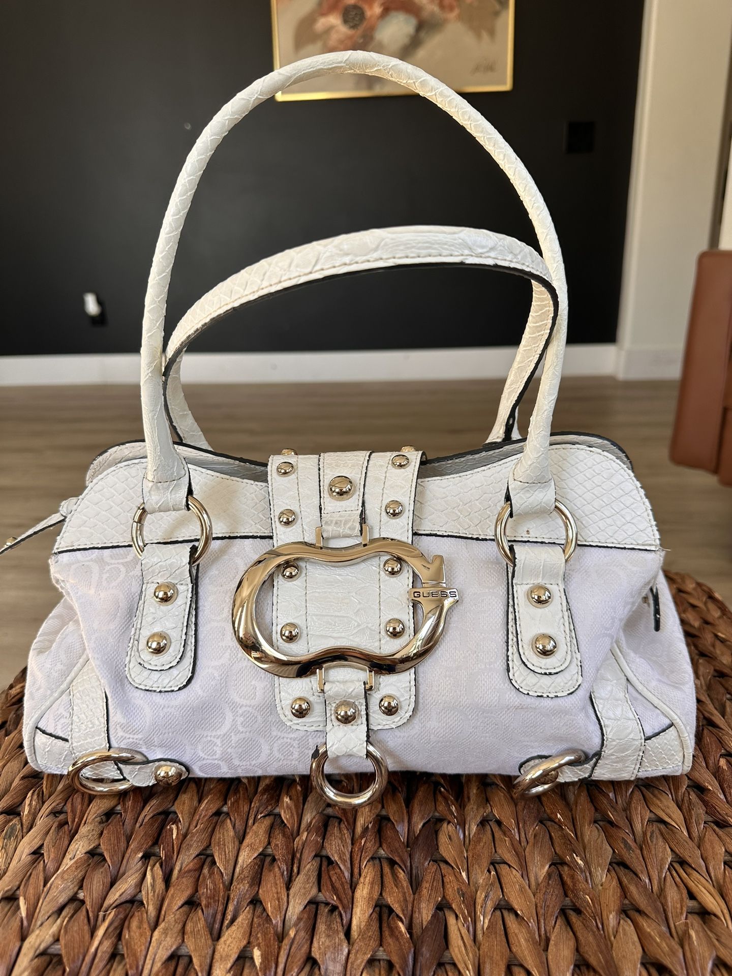 Guess Y2K white vintage white handbag, leather and fabric Chunky sliver hardware.