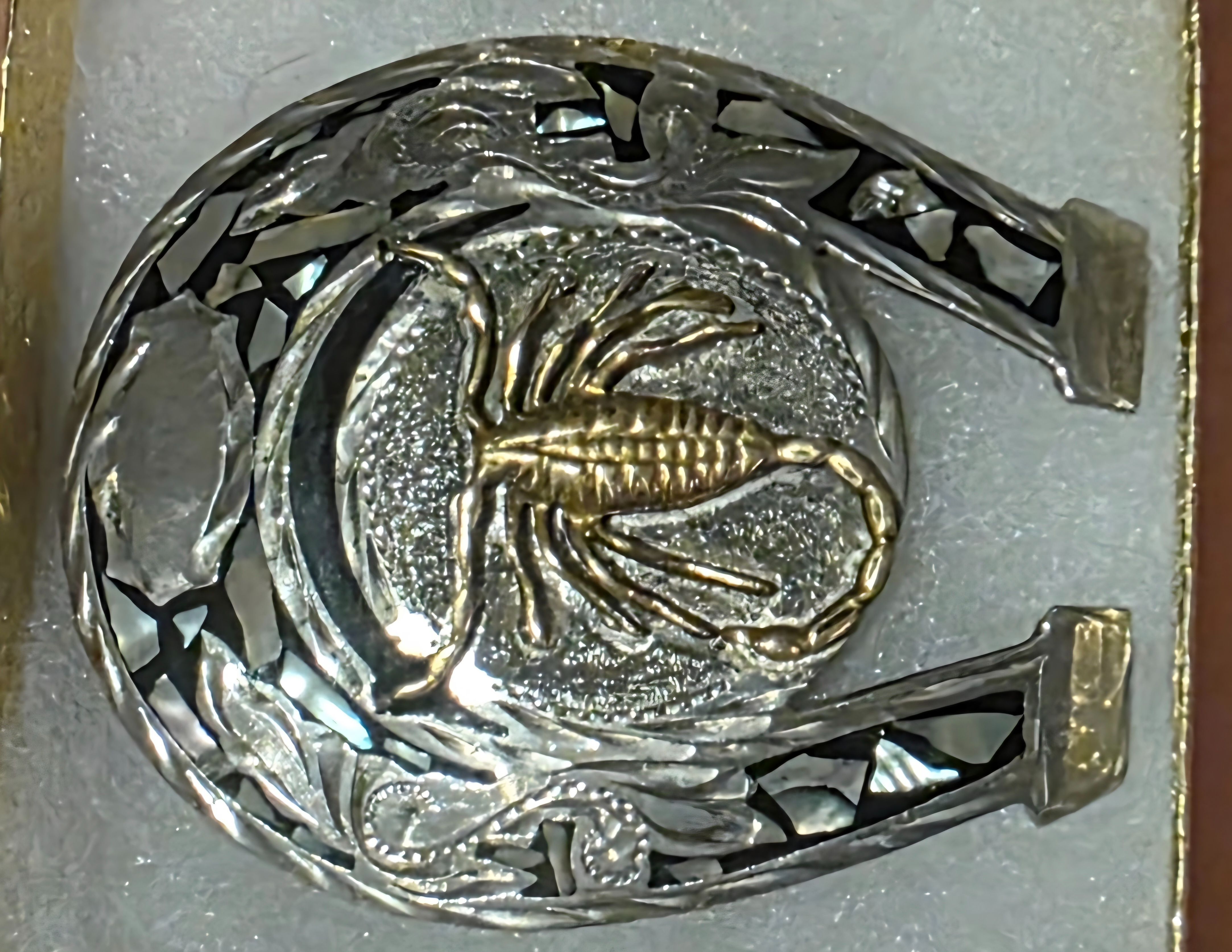 Vintage Metal Belt Buckle, Nice Silver and Brass Horseshoe, Scorpion, Abalone Shell Design, Nice Western Design, 3 1/4" x 2 3/4", Heavy Duty, Quality,