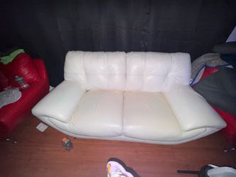 ONE WHITE LOVESEAT AND 2 RED 1 SEATER SOFA