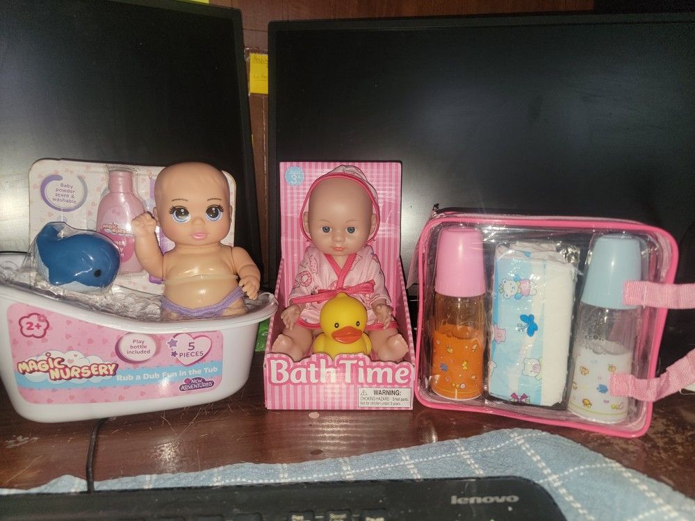 💖NEW BABY DOLL BUNDLE 2 BATH TIME BABIES AND MAGIC BOTTLE AND DIAPER SET