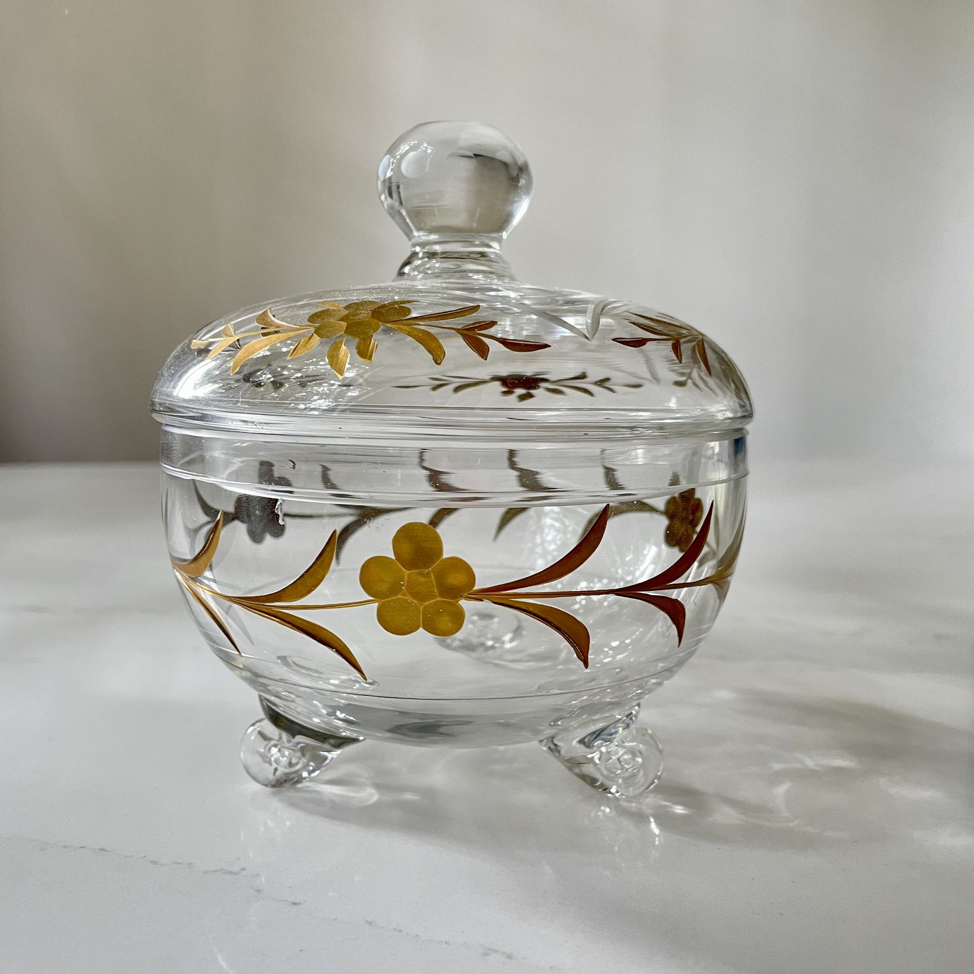 Vintage glass candy dish with lid vintage sugar bowl gold etched mcm