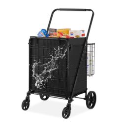 VEVOR - Foldable Shopping Cart with Removable Waterproof Liner Capacity Up to 95kg (210lbs) Large Grocery Cart with Two Baskets - Black