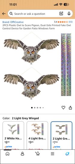 Fake Owl Bird Deterrent 2-Pack with Reflective Strips