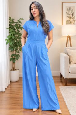 New Blue Wide-Leg Jumpsuit with Pockets, Medium Size