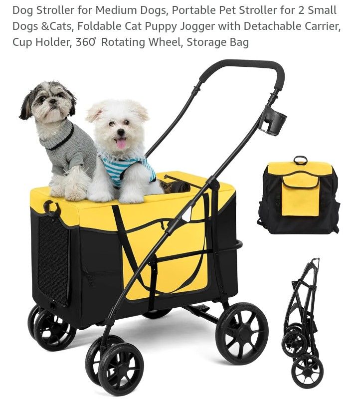 1752 Dog Stroller for Medium Dogs, Portable Pet Stroller for 2 Small Dogs &Cats, Foldable Cat Puppy Jogger with Detachable Carrier, Cup Holder, 360 ̊