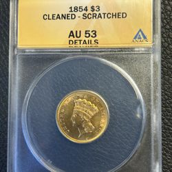 1854 Gold Three Dollar Us Coin.   $2190