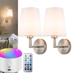 Battery Operated Wall Sconces Set Of Two, 10000mAh Rechargeable Wireless Wall Lights with Remote Control, 10 RGB Dimmable Sconce Wall Decor