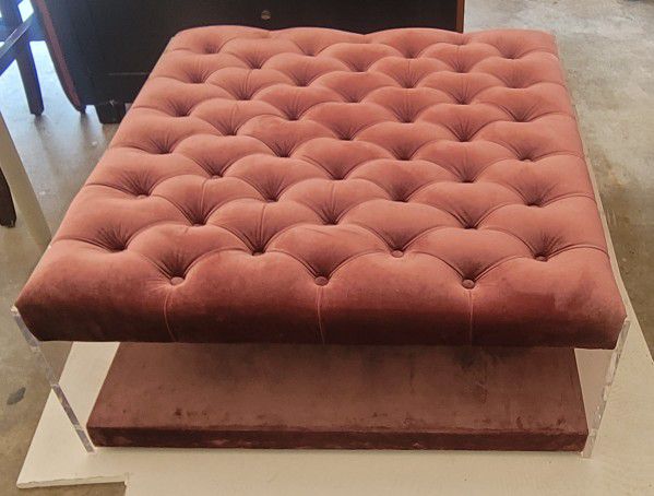 Muted Pink Velvet Tufted Ottoman With Lucite Sides
