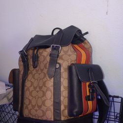 COACH Hudson Backpack Signature Canvas with Varsity Stripe