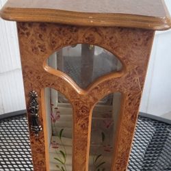 Vintage LONDON LEATHER wooden JEWELRY organized BOX w MIRROR & etched glass DOOR