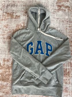 GAP Gray Logo Pullover Hoodie Women’s Size S Blue Appliqué Fleece Sweatshirt