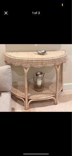 Vintage coastal Rattan Demi-lune whicker table
