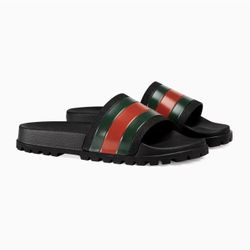 Gucci Auth Men 7US 40 EU Black Web Rubber Pool Slides Sandals Shoes