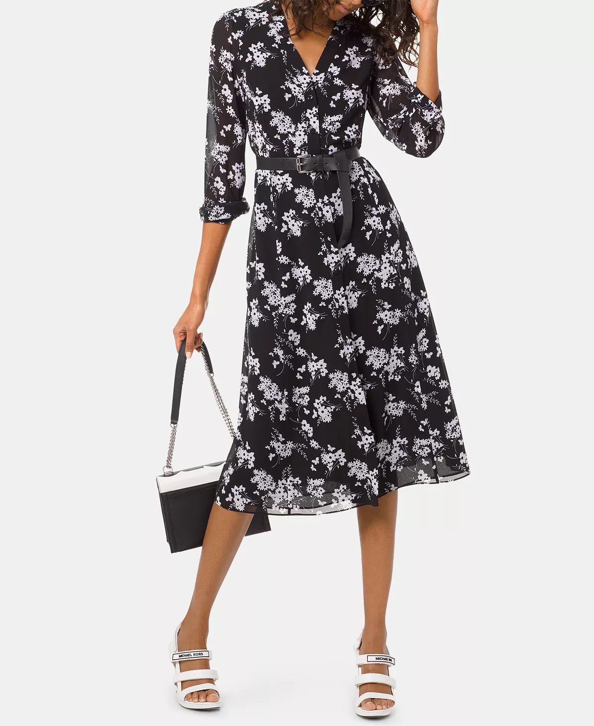 Dress Michael Kors Black and White Floral Belted Midi XS