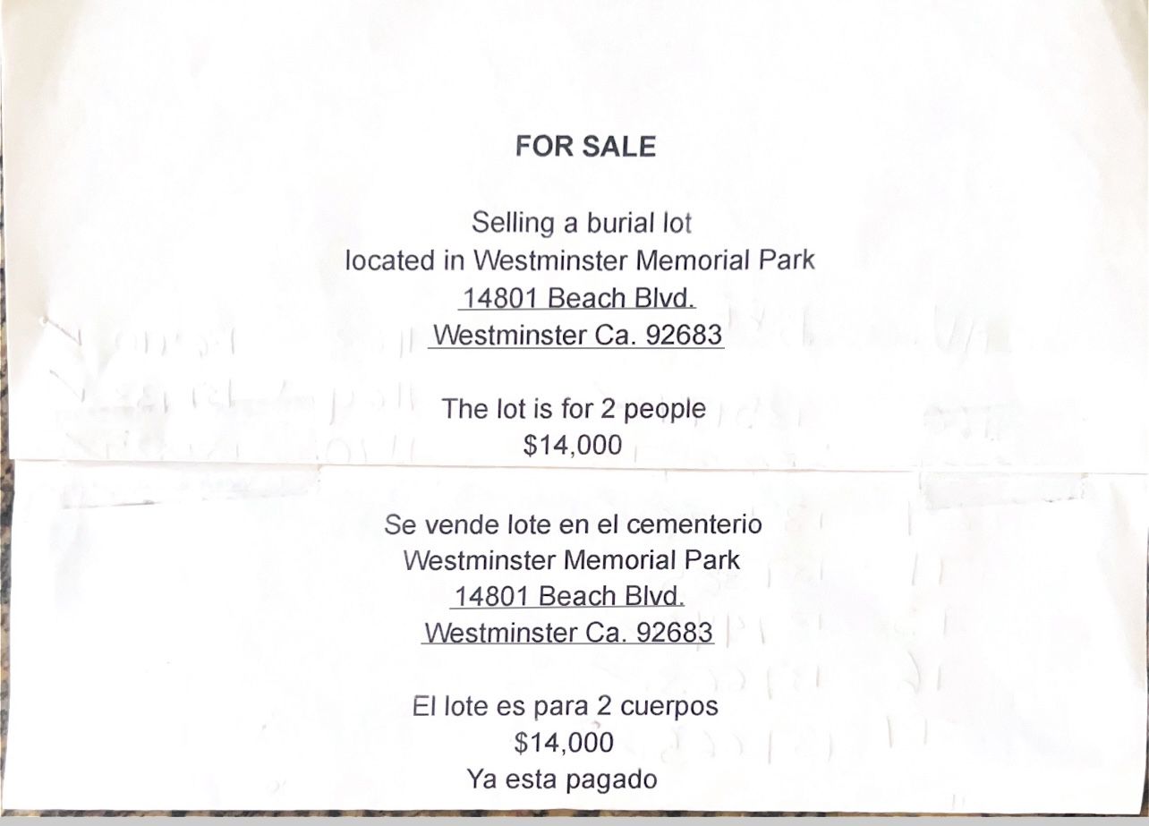  Cripta doble en Wesminster Memorial Park for sale