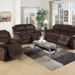 Brown Padded Suede Sofa Set With Manual Recliner 