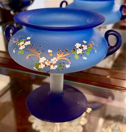 Vintage hand-painted Bohemian/Czech blue glass pedestal compote (BOWL)
