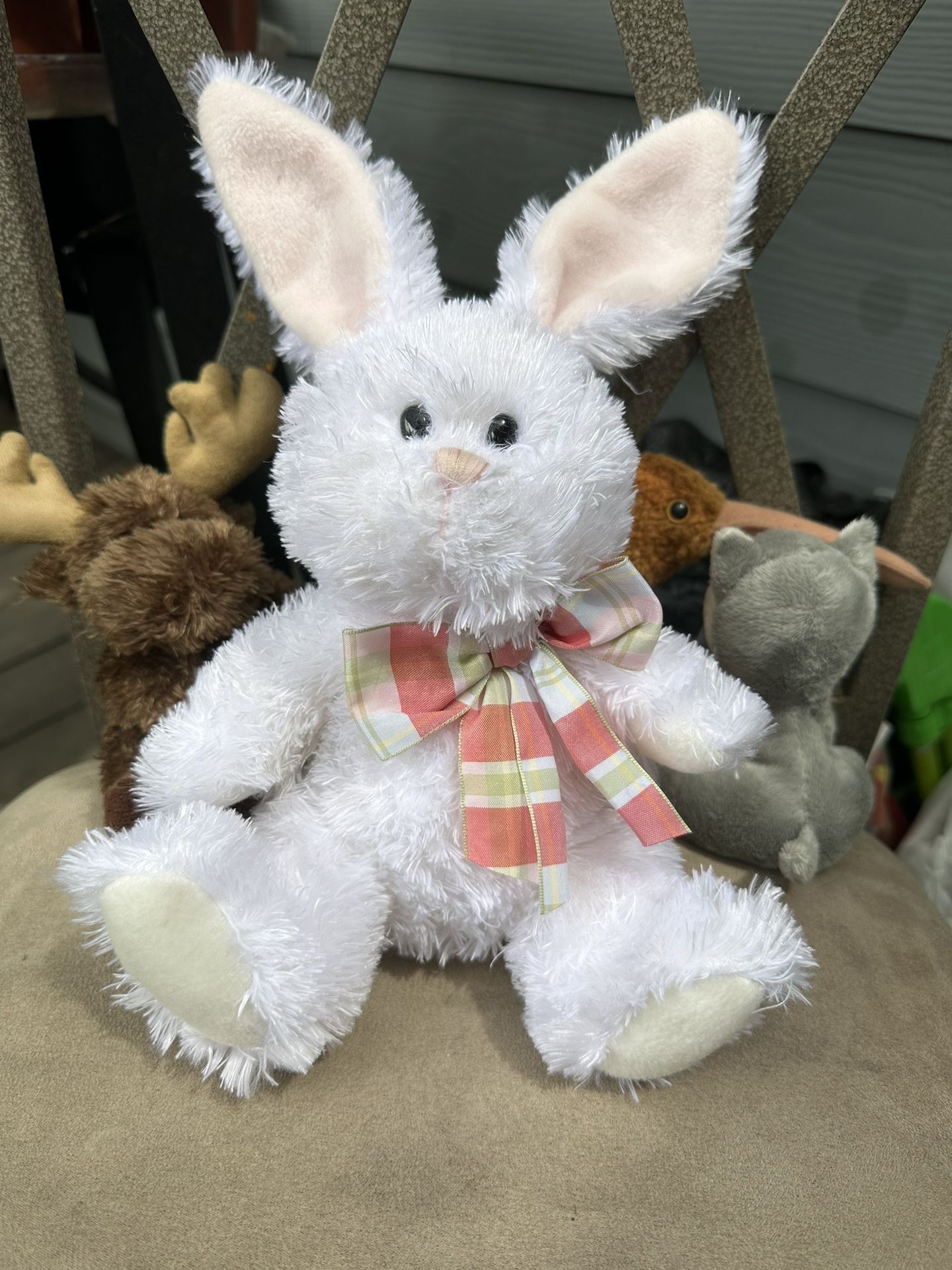 Vintage Hallmark White Easter Bunny Rabbit Plush Plaid Bow Stuffed Animal