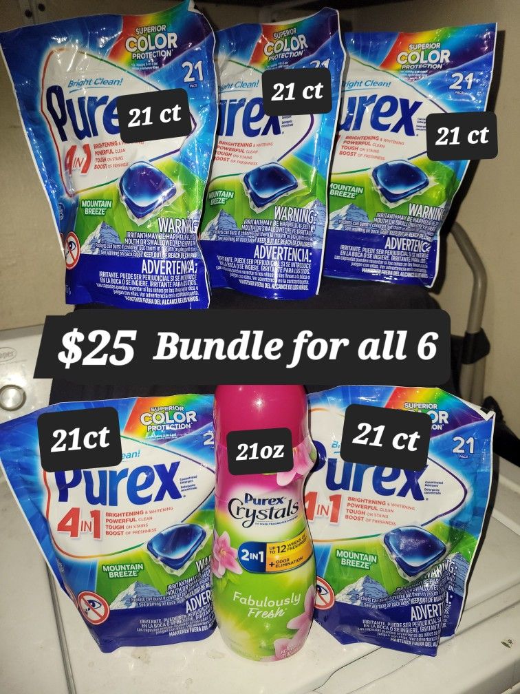 5 Bags of Purex 4in1 (21 CT =105 In Total) & PURE Crystal's (21oz Bottle) For $25/$25 Por Los 6