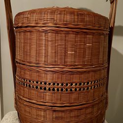 Large 1940s Chinese 3 Tier Wedding Basket Stacking Bamboo Rattan Cane Antique