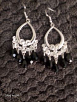 Silver Chandelier Earrings with Black Beads