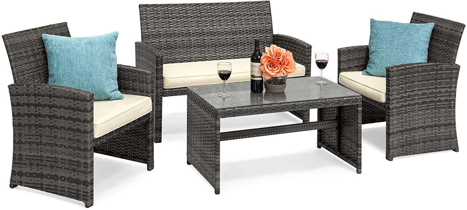 Set of 4 - Wicker Furniture with Tempered Glass Table 3 Cushioned Seats Sofas, Gray