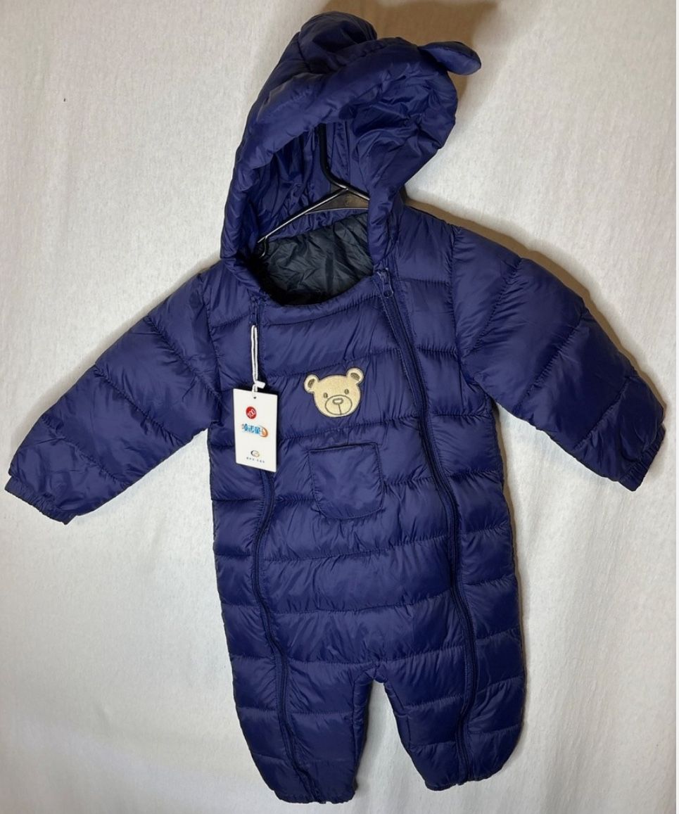 Kids Navy Blue Bear Hood Puffer Snowsuit One Piece Winter Warm Outfit