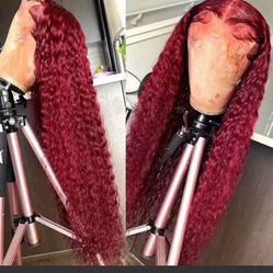 250% Density 99J 13x4 HD Lace Front Human Hair Wigs Burgundy 34Inch Deep Wave Peruvian Curly 