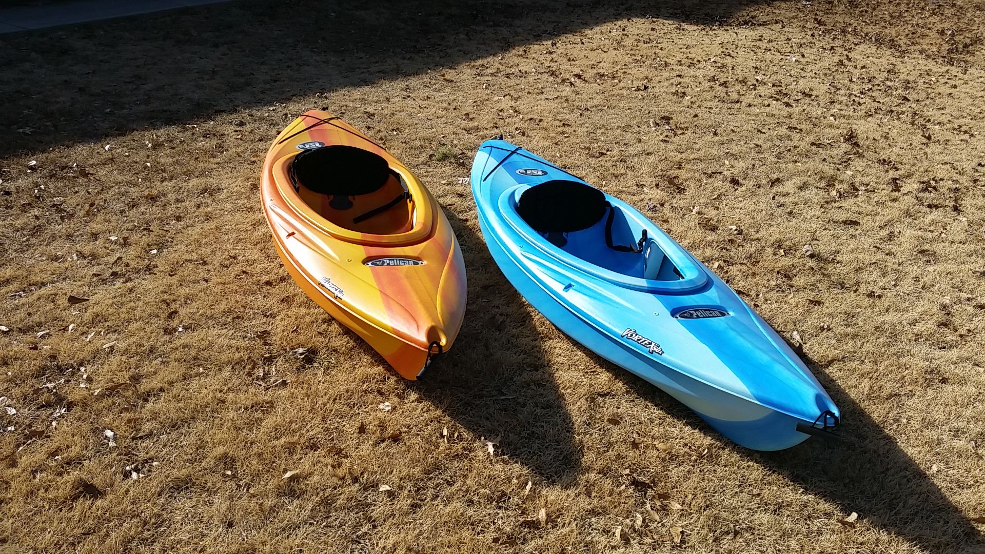 Used Pelican Vortex 80x Kayaks, 1 orange, 1 blue, Single Person for