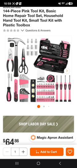 144-Piece Pink Tool Kit, Basic Home Repair Tool Set, Household Hand Tool Kit, Small Tool Kit with Plastic Toolbox