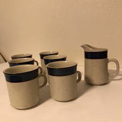 Vintage Sango Rainbow Stoneware Mariana 6 Coffee Cups & Creamer #652 Japan Set