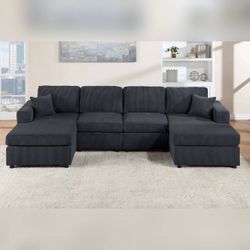 U shaped Black Corduroy sectional sofa with Double chaise