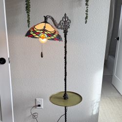 1920s Vintage Art Deco Wrought Iron Bridge Floor Lamp w/ Parlor Table – Tiffany Stained Glass Shade