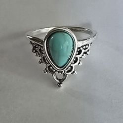 BEZEL SET TURQUOISE TEARDROP TITANIUM QUALITY  FOREVER SILVER NEW SIZE 8 RING