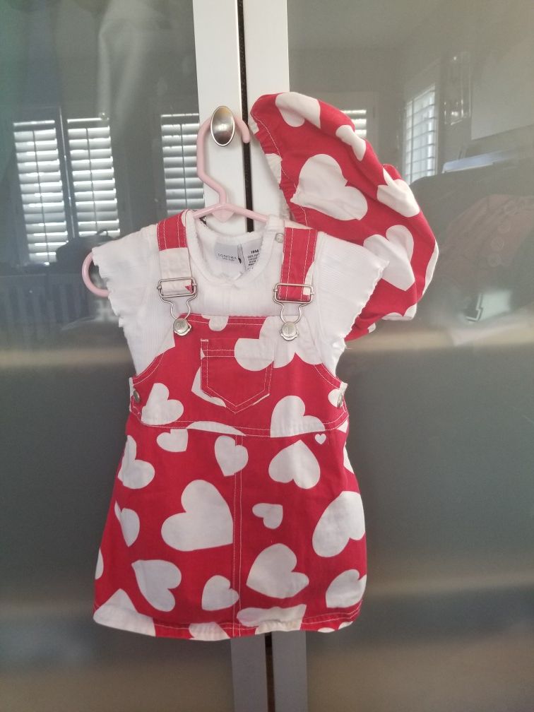 Gymboree 3pc Girls Valentine Love Hearts Overall Dress + Bloomers and white body suit 12-18 months